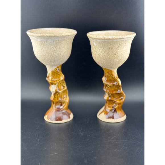 Pair of Handmade Glazed Pottery Wine Goblets - Picture 1 of 7